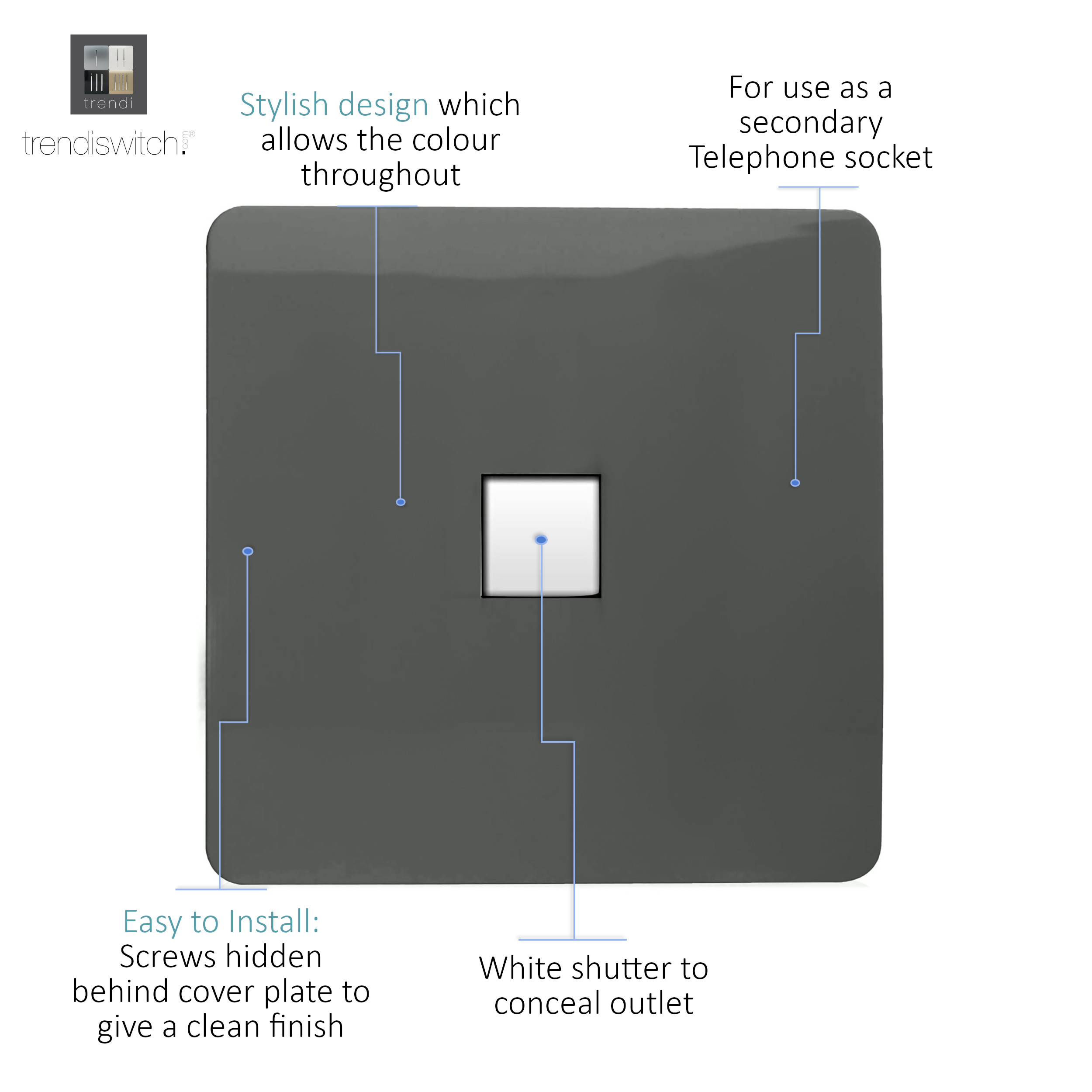Single PC Ethernet Cat 5 & 6 Data Outlet Charcoal ART-PCCH  Trendi Charcoal